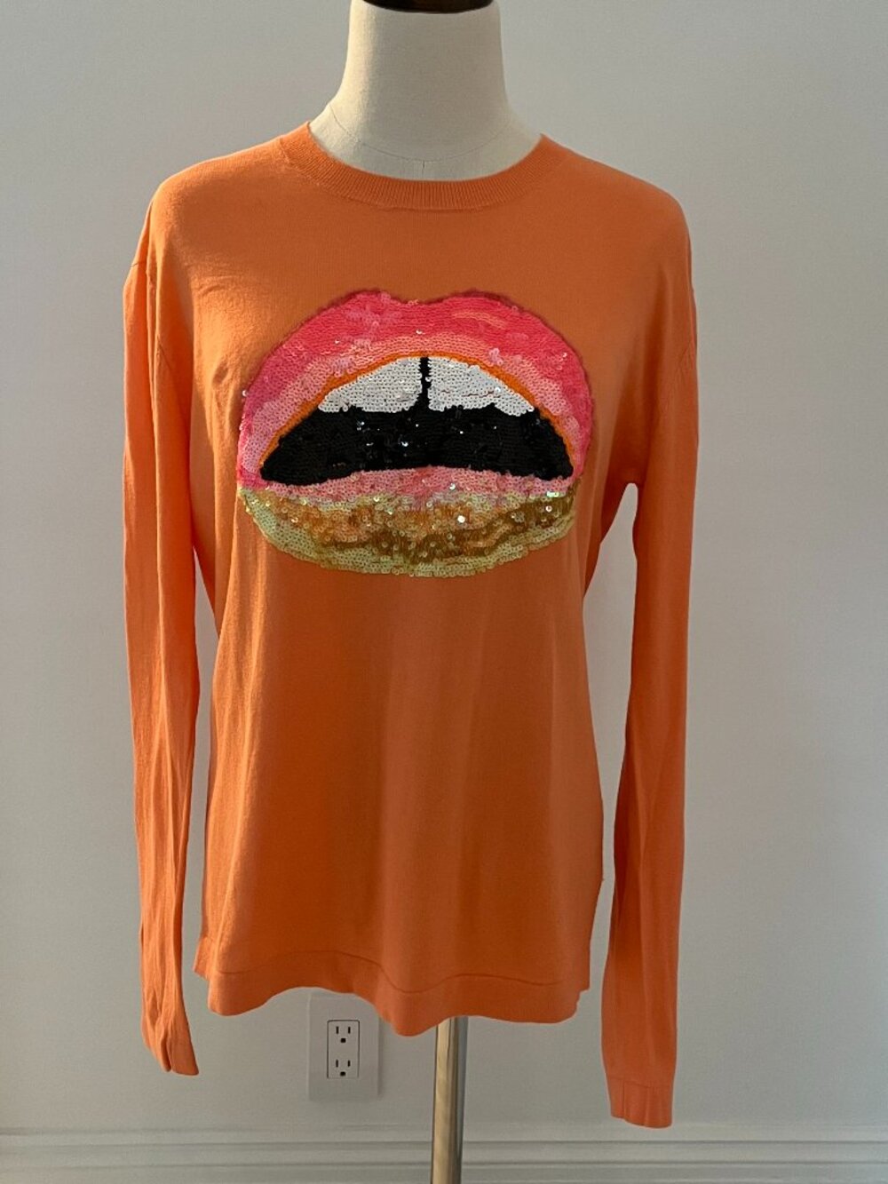 Coral Markus Lupfer Lips Cotton Sweater w/ Sequin Embellishment Size Small